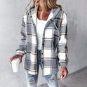 Women's Plaid Hooded Jacket with Buttons