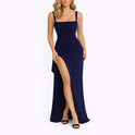 Women's Ruched Maxi Dress with Square Neck and High Slit