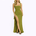 Women's Ruched Maxi Dress with Square Neck and High Slit