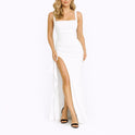 Women's Ruched Maxi Dress with Square Neck and High Slit