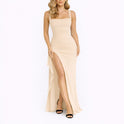 Women's Ruched Maxi Dress with Square Neck and High Slit
