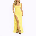Women's Ruched Maxi Dress with Square Neck and High Slit