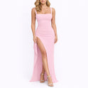 Women's Ruched Maxi Dress with Square Neck and High Slit