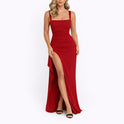 Women's Ruched Maxi Dress with Square Neck and High Slit