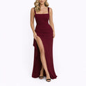 Women's Ruched Maxi Dress with Square Neck and High Slit