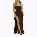 Women's Ruched Maxi Dress with Square Neck and High Slit