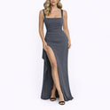 Women's Ruched Maxi Dress with Square Neck and High Slit