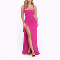 Women's Ruched Maxi Dress with Square Neck and High Slit