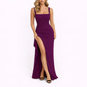 Women's Ruched Maxi Dress with Square Neck and High Slit