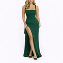 Women's Ruched Maxi Dress with Square Neck and High Slit