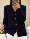 Women's V-Neck Knit Cardigan with Heart Buttons