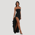 Women's Strapless Maxi Dress with High Slit and Ruched Bodice