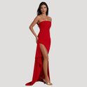 Women's Strapless Maxi Dress with High Slit and Ruched Bodice