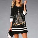 Women's Christmas Mini Dress – Reindeer Graphic, Stripe Trim