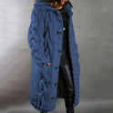 Women's Cable Knit Hooded Long Cardigan with Buttons
