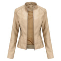 Women's Fitted Faux Leather Biker Jacket with Stand Collar