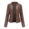 Women's Fitted Faux Leather Biker Jacket with Stand Collar