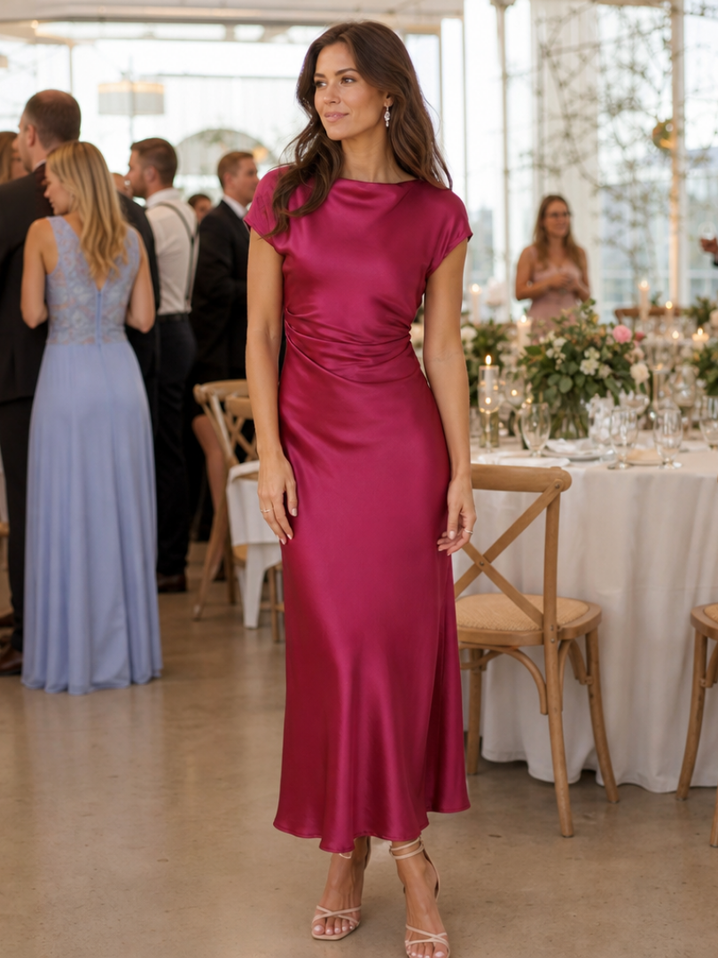 Elure | Short Sleeve Boat Neck Fitted Silhouette Midi Dress 4