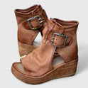 Women's Open Toe Wedge Sandals with Buckle Strap