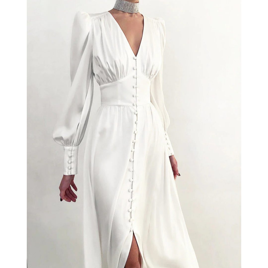 Formal Maxi Dress with V-Neck and Puff Sleeves for Women 2