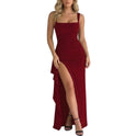 Women's Ruched Maxi Dress with Square Neck and High Slit
