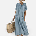 Maxi Dress Loose Fit Short Sleeve Tie Neck