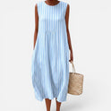 Midi Dress Sleeveless Loose Fit Round Neck Striped