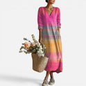 Midi Dress Loose Fit V Neck Long Sleeve Striped