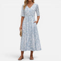 Midi Dress Wrap Waist Floral V Neck Elbow Sleeve