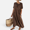 Maxi Dress Loose Fit Short Sleeve Tie Neck