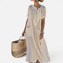 Maxi Dress Loose Fit Short Sleeve Tie Neck