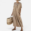 Maxi Dress Loose Fit Short Sleeve Tie Neck