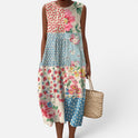 Midi Dress Relaxed Fit Sleeveless Patchwork Floral Print Crew Neck