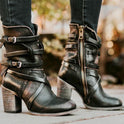 Women's Leather Ankle Boots – Buckled Straps, Stacked Heel