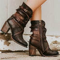 Women's Leather Ankle Boots – Buckled Straps, Stacked Heel