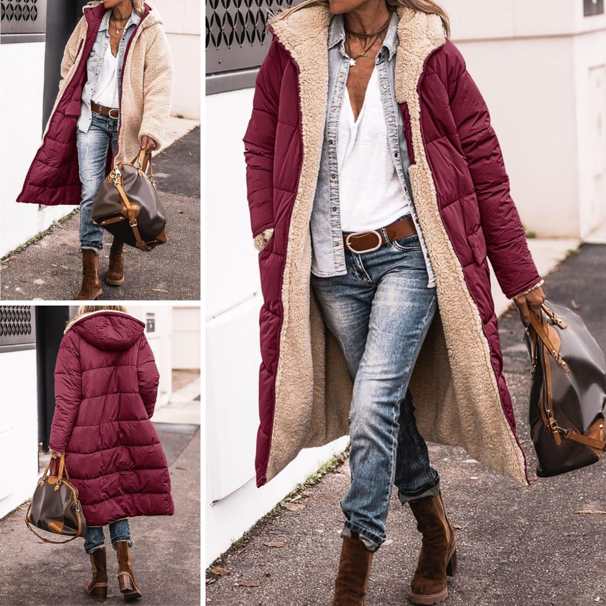 Long Sherpa Lined Reversible Puffer Coat for Women 8