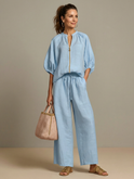 Natalia | Zip Front Blouson Top Wide Leg Set 0