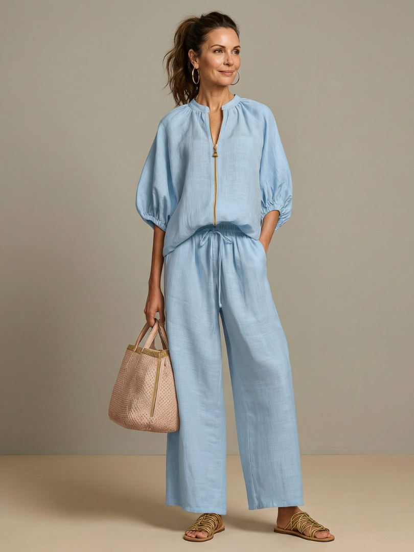 Natalia | Zip Front Blouson Top Wide Leg Set 0