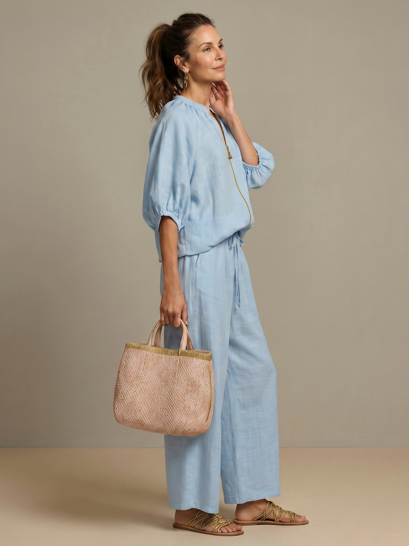 Natalia | Zip Front Blouson Top Wide Leg Set 1