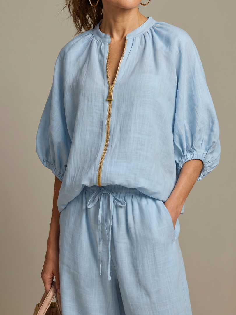 Natalia | Zip Front Blouson Top Wide Leg Set 2