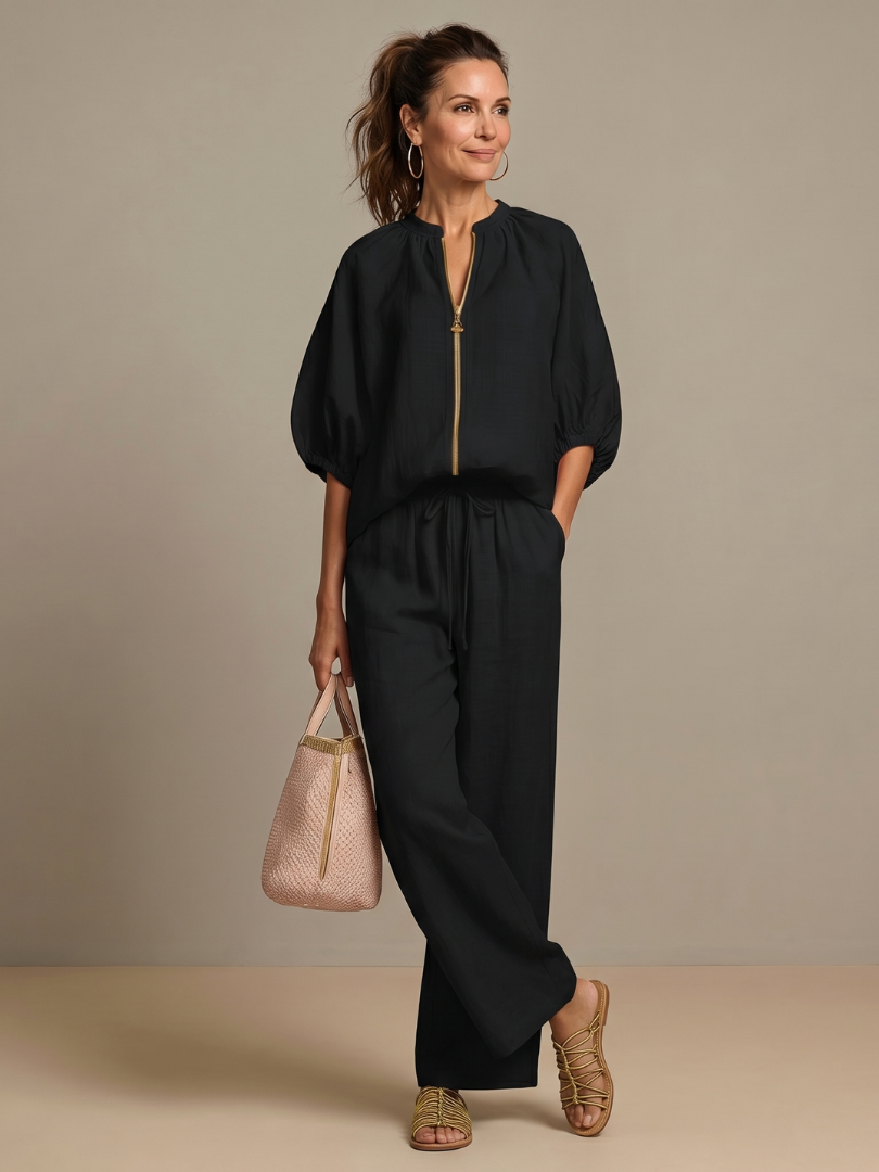 Natalia | Zip Front Blouson Top Wide Leg Set 9