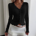 Women's Cardigan – V-Neck, Ribbed, Lace Trim