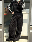 Women's Tracksuit Set – Polka Dot, Zip Front, Cotton Blend