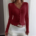 Women's Cardigan – V-Neck, Ribbed, Lace Trim
