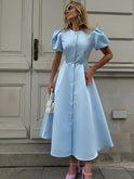 Women's Christmas Dress – Satin, Puff Sleeves, Midi