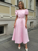Women's Christmas Dress – Satin, Puff Sleeves, Midi