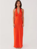 Women's Christmas Dress – Satin, Halter V-Neck, Maxi