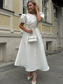 Women's Christmas Dress – Satin, Puff Sleeves, Midi