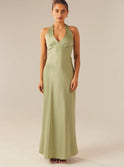 Women's Christmas Dress – Satin, Halter V-Neck, Maxi