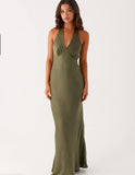 Women's Christmas Dress – Satin, Halter V-Neck, Maxi